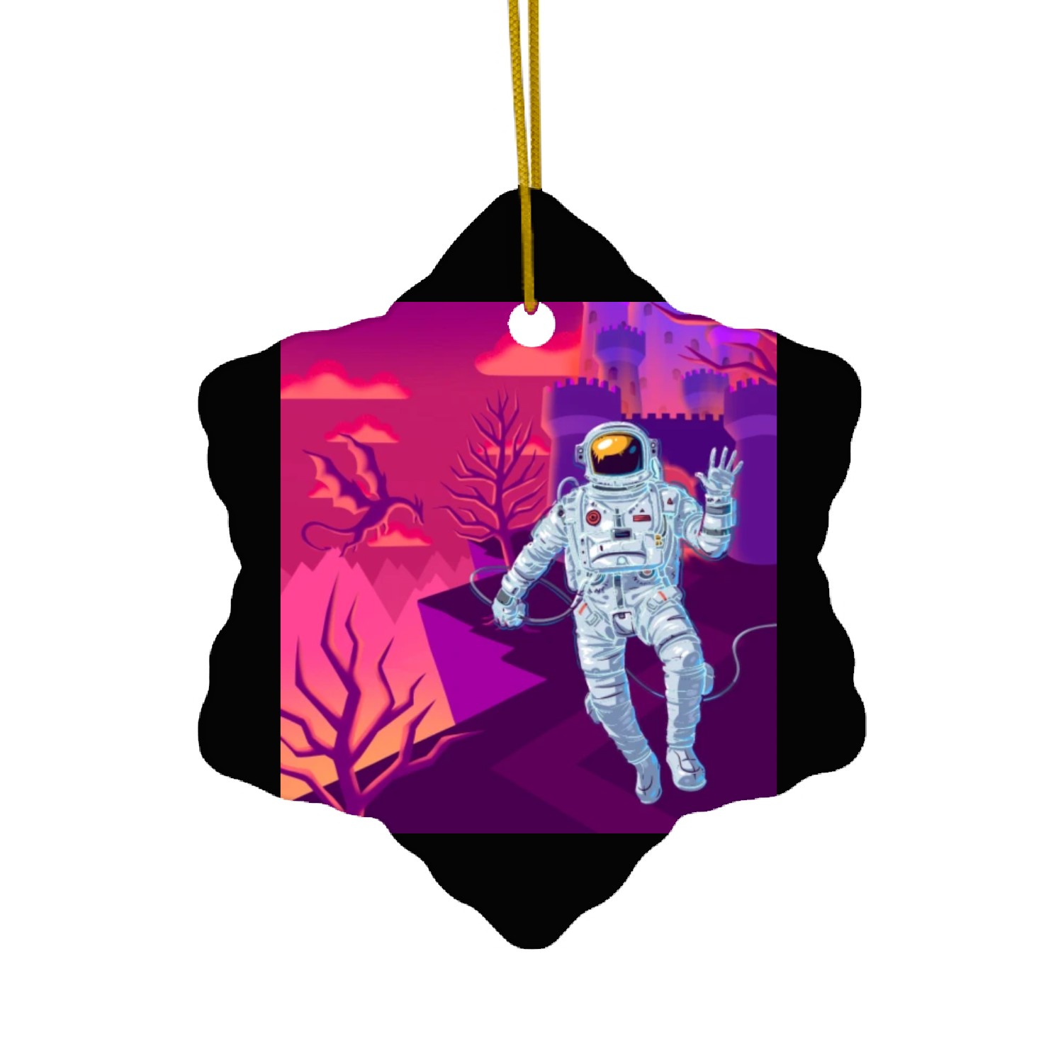 Astronaut in a fantasy world with castle dragons Ceramic Ornaments