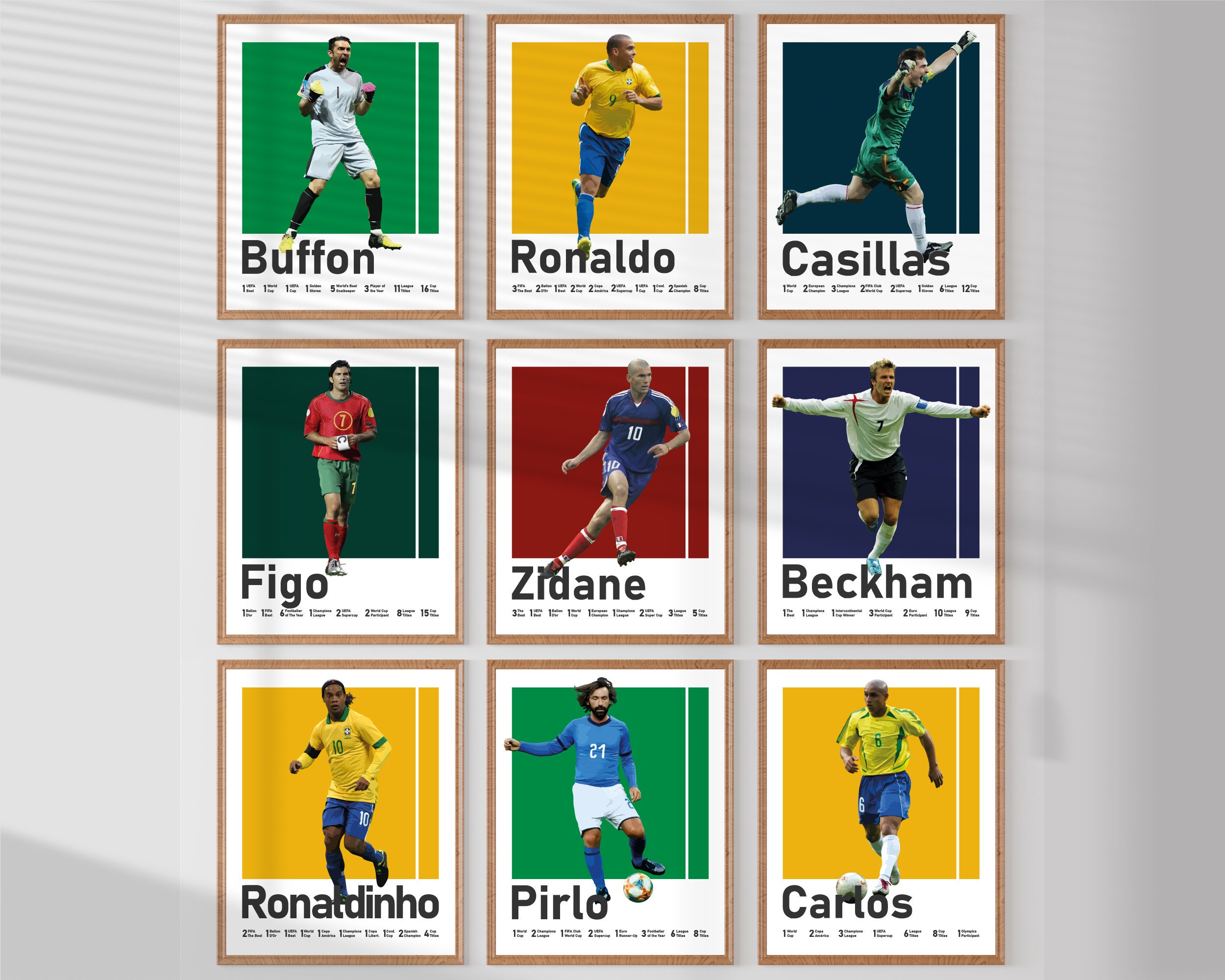 Football Poster Bundle, Ronaldo Fenomeno, Figo, Beckham Carlos Zidane Wall Art, Ronaldinho, Pirlo, Buffon Casillas