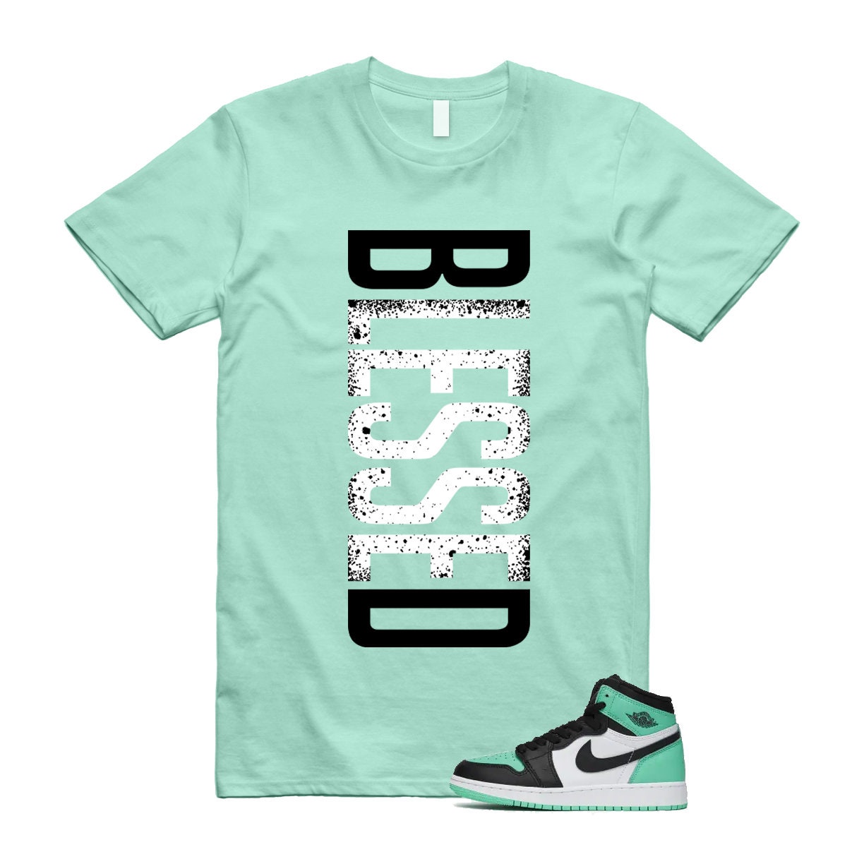 Green Glow 1 Retro High OG White Black Mint T Shirt Match VERTBLS