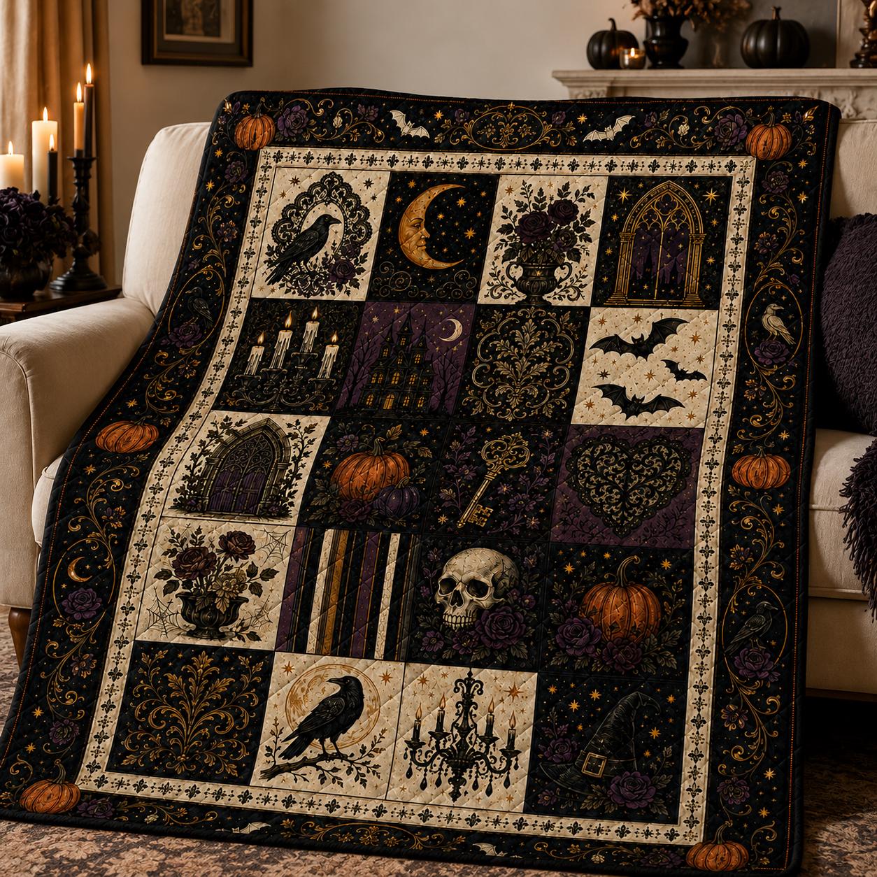 Gothic Lavender Moon Raven Patchwork Quilt, Dark Cottagecore Black Cat Crystal Bedding Throw, Witchy Botanical Magic Quilt Blanket