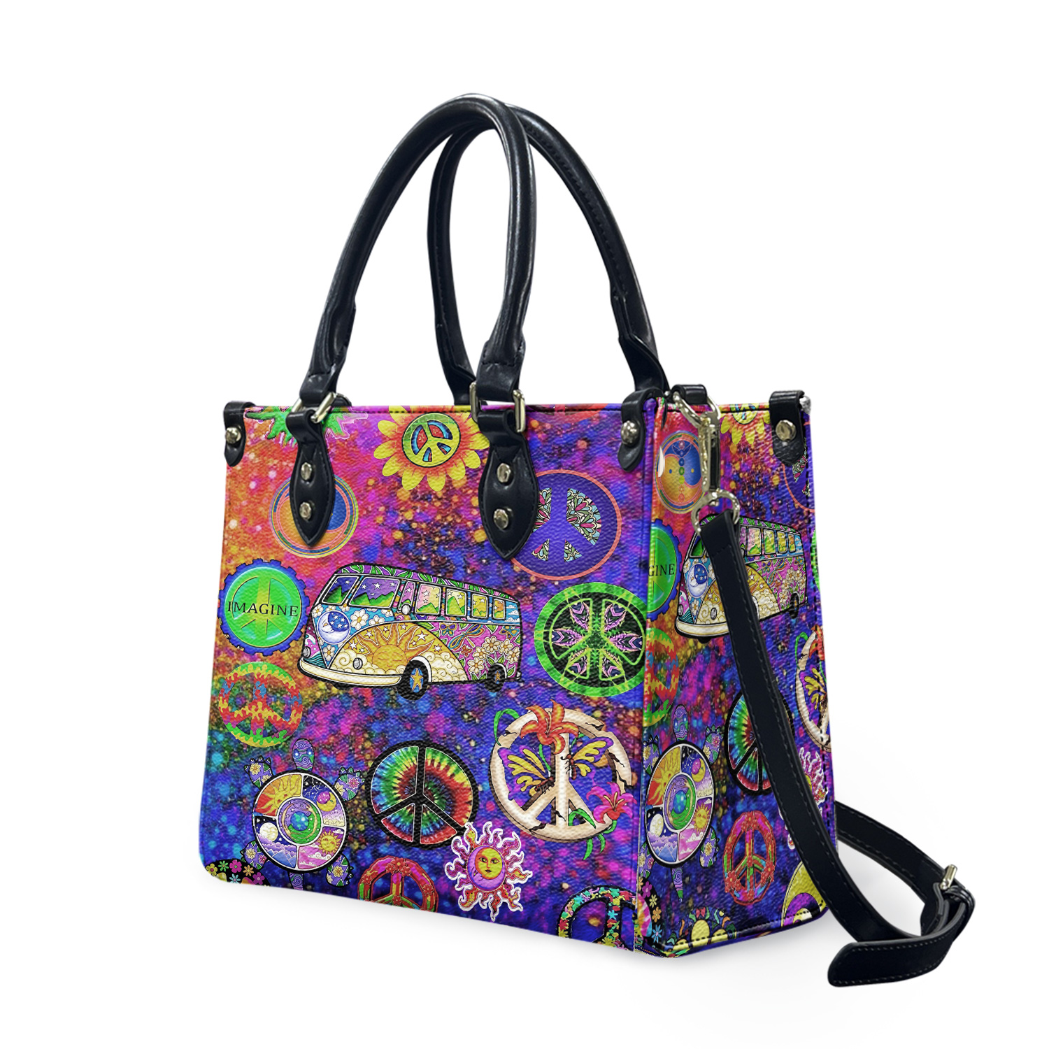 Hippie Peace Bus Colorful Leather Bag hand bag,Hippie Lover's Handbag,Hippie Woman Handbag,Leather Bag, Vintage bags