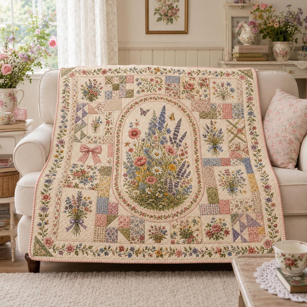 Wildflower Patchwork Quilt Blanket, Cottagecore Floral Garden, Vintage Bouquet Cozy Blanket, Spring Summer Home Decor Gift for Her