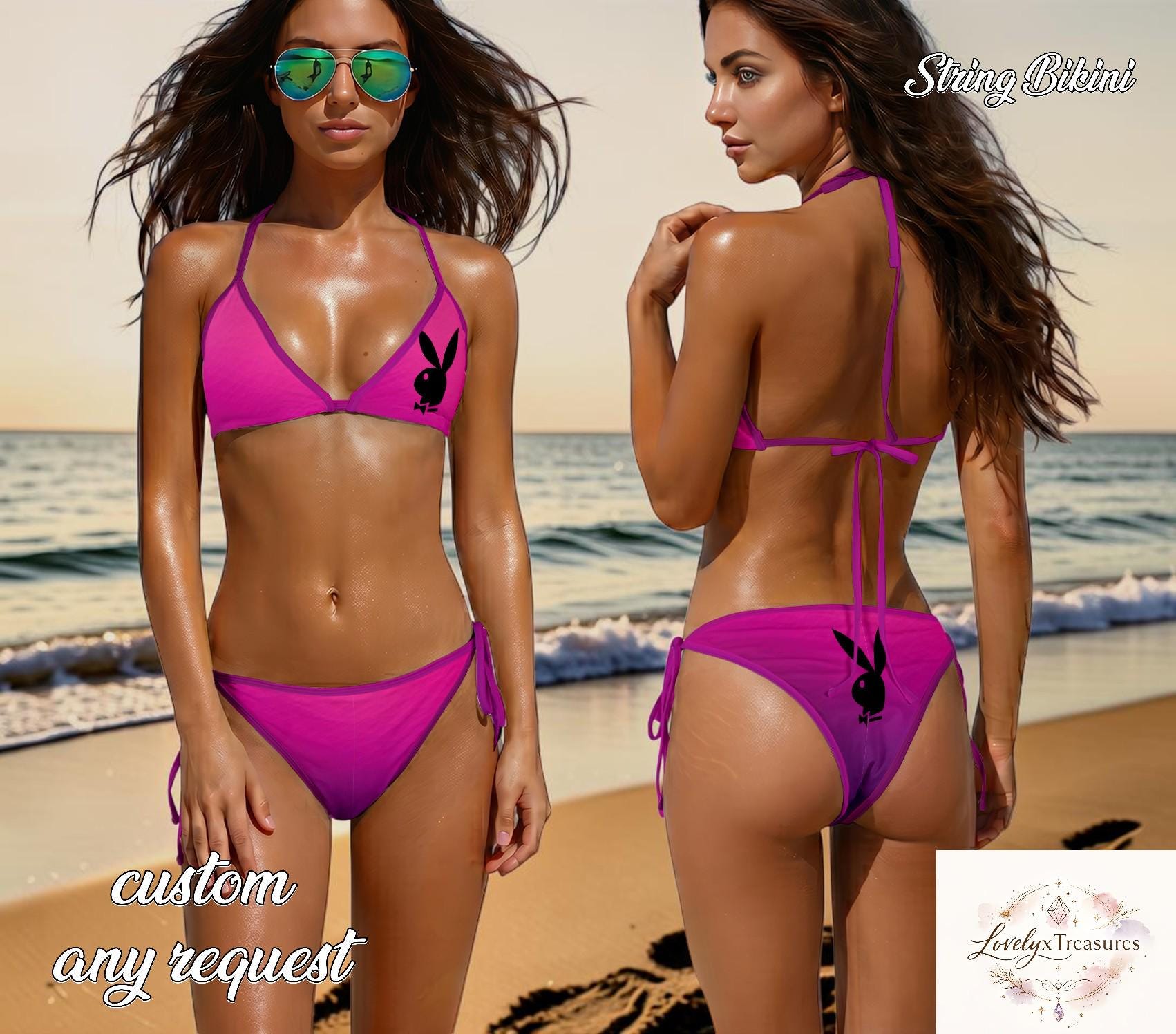Pink Bunny Bikini Set, Sexy Logo String Bikini, Gradient Triangle Swimsuit, Cute Summer Beachwear Women