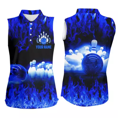 Blue Flame Women Bowling Sleeveless Polo Shirts, Personalized Team Bowling Femal