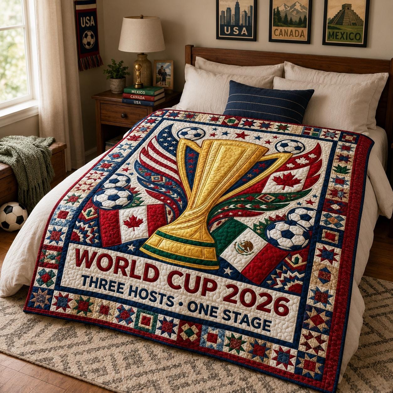 World Cup 2026 Quilt Blanket, Soccer Trophy Throw, Three Hosts Bedding
