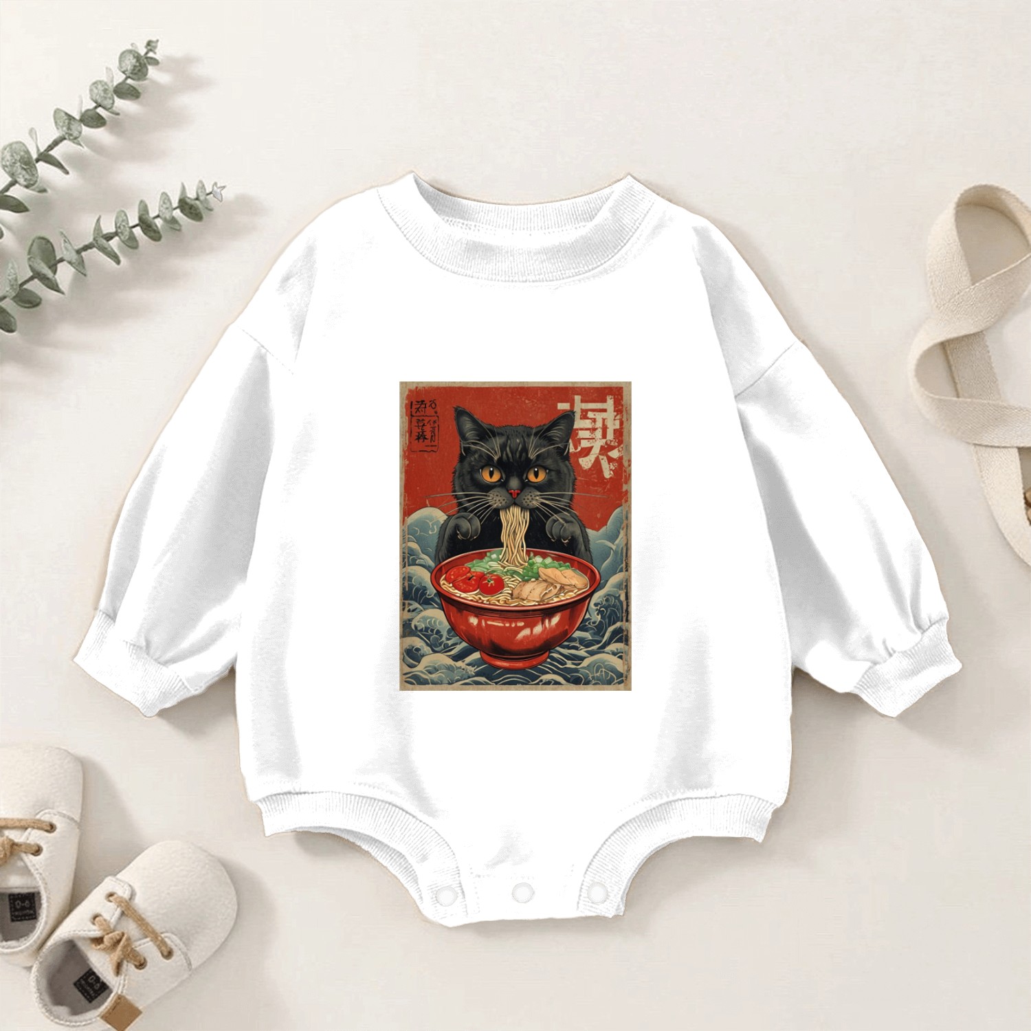 Kawaii cute Vintage Japanese Anime Manga Cat Ramen Baby Romper Sweatshirts
