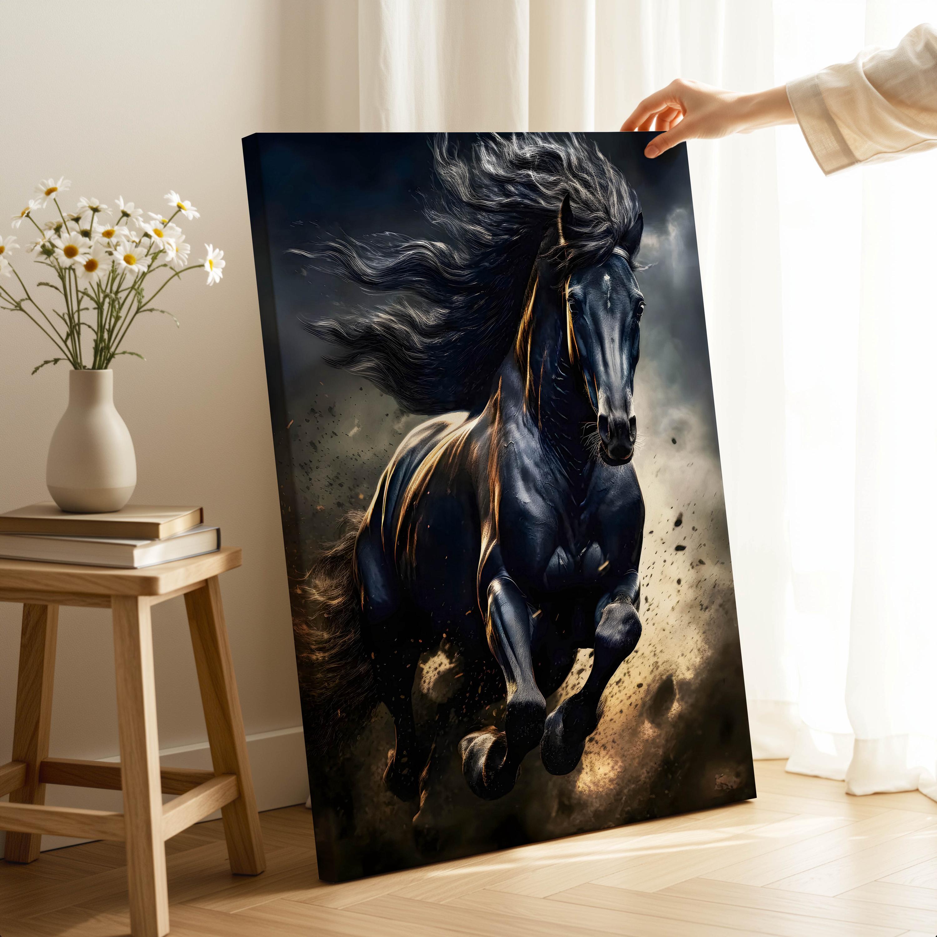Black Horse Canvas Art, Running Stallion Wall Art Prints, Dark Equestrian Office & Home Decor
