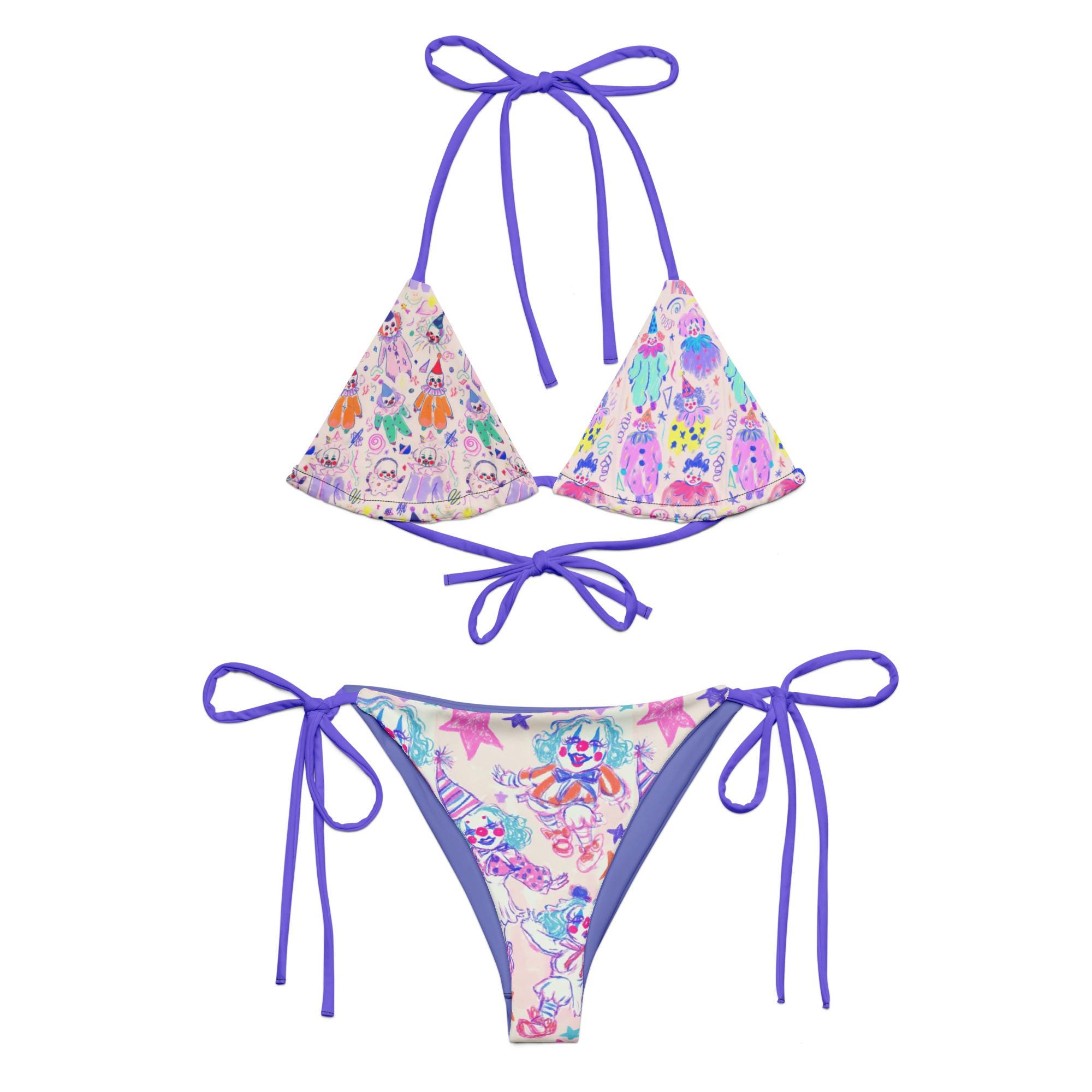 Clowncore String Bikini: Colorful Circus Print Recycled Swimsuit