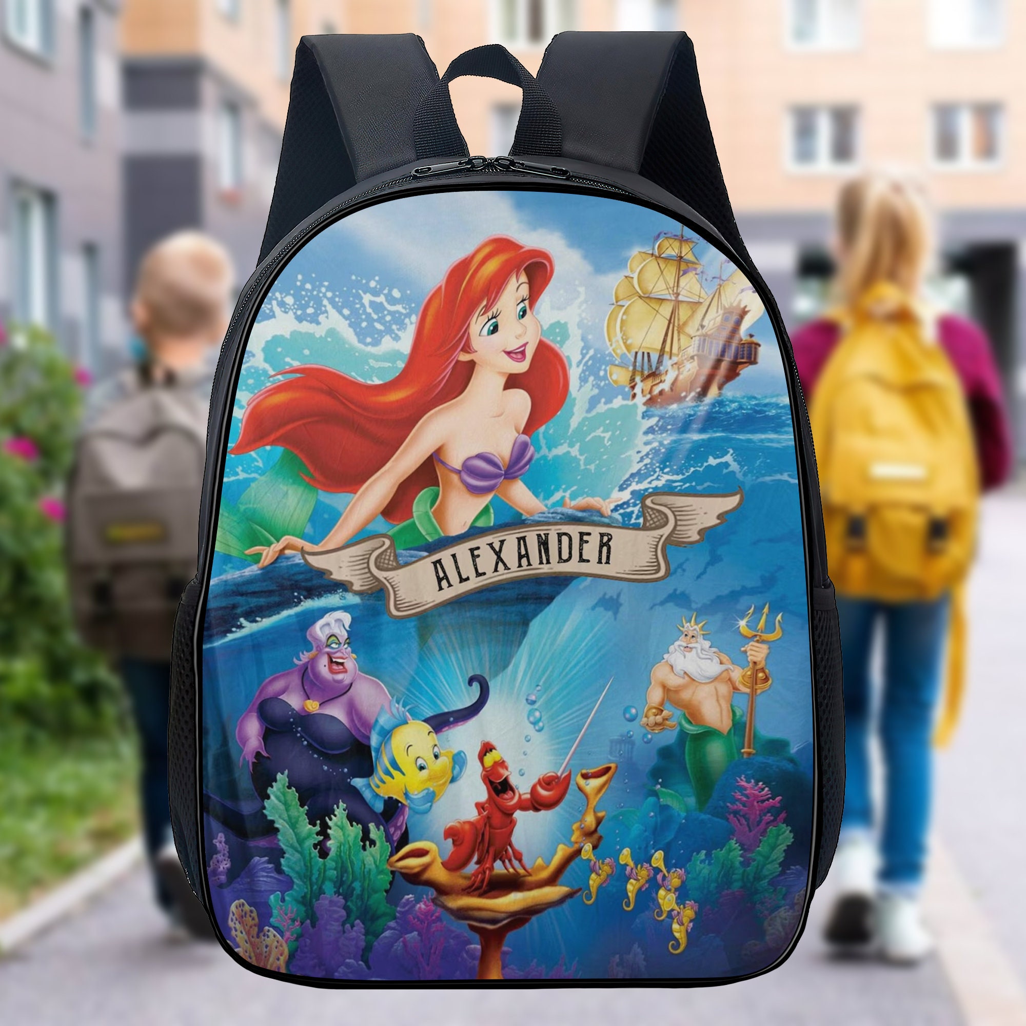 Personalized Mermaid Princess Backpack, Custom Name King Of The Sea Bottle, Funny Cartoon Crab Lunch Bag, Sea Witch Movie School Bag