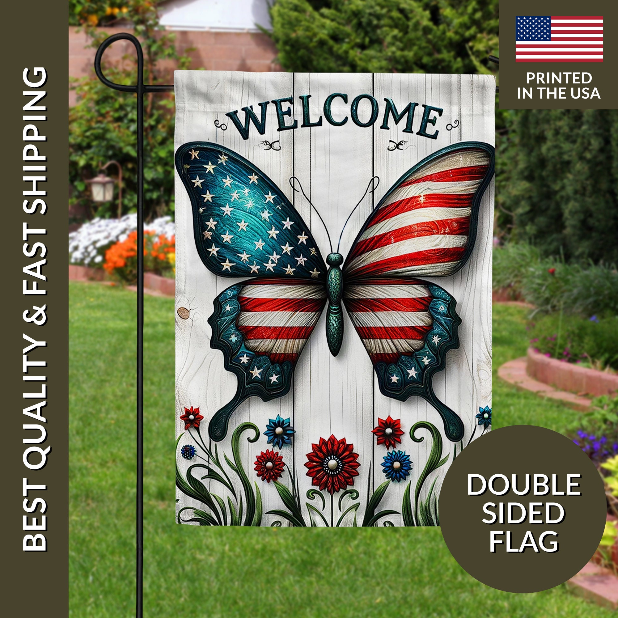 American Butterfly Patriotic Garden Flag, July 4th Butterfly Garden Flag
