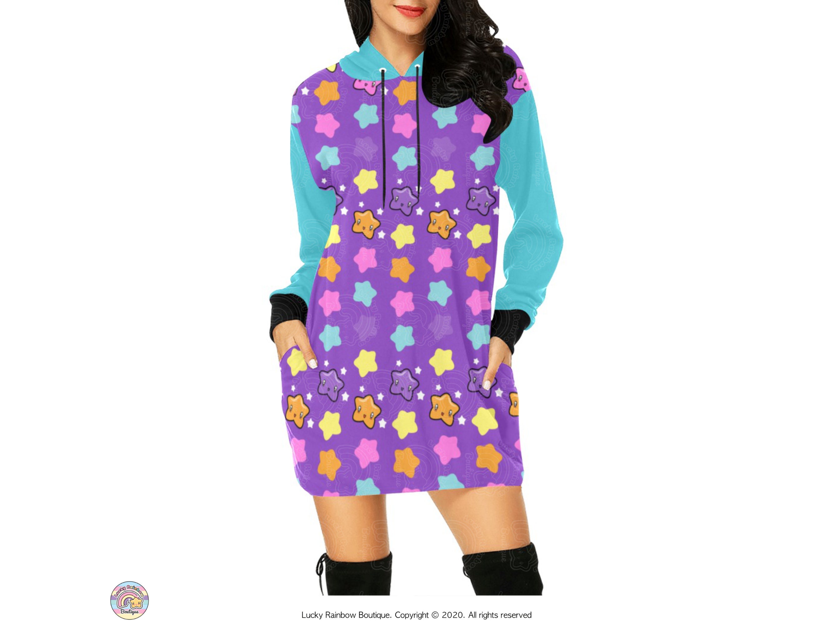 Purple Star Hoodie Dress, Kawaii Rainbow Sweatshirt, Harajuku Fashion, Starry Night Print Oversized Sweater, Halloween Comfort Colors Shirt