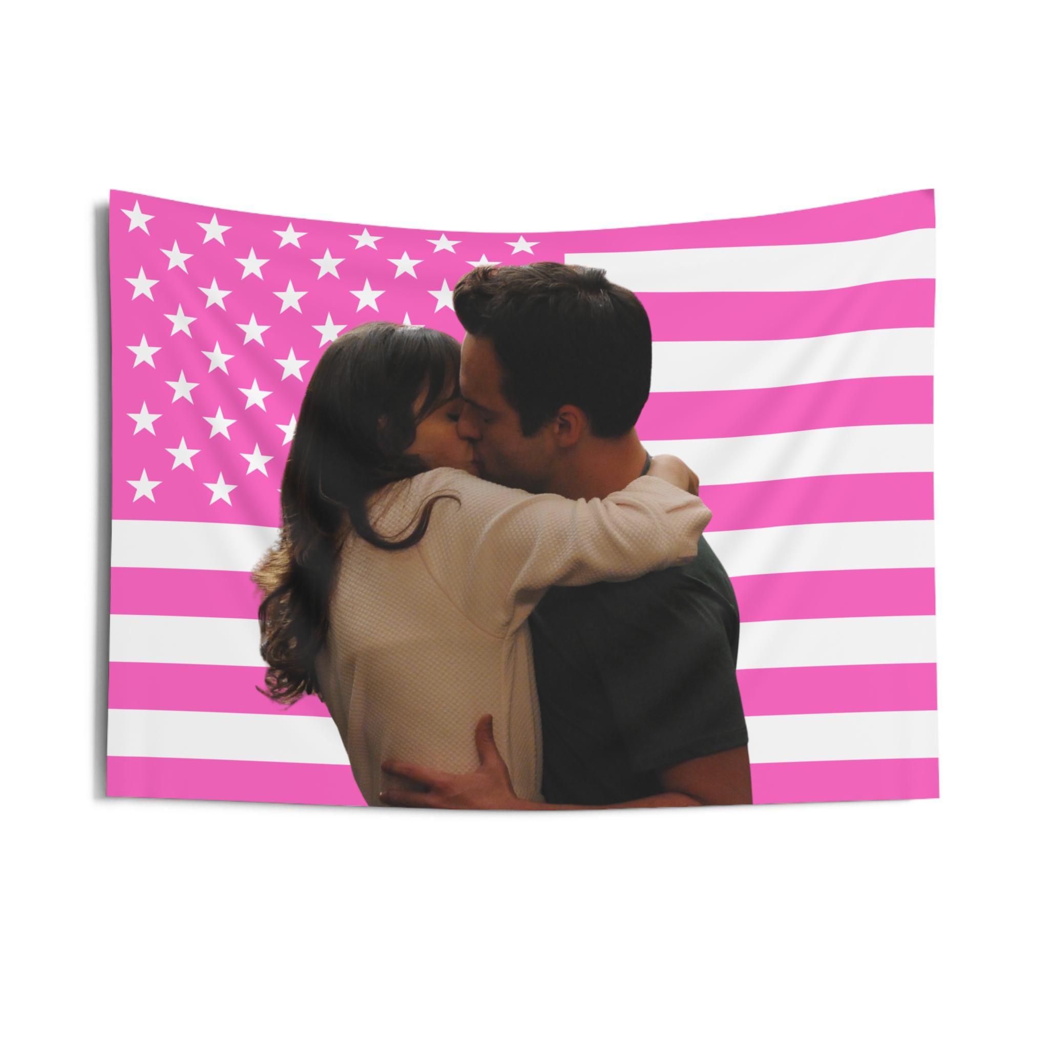 Nick and Jess Kiss Pink Flag Wall Tapestry | Indoor Home Decor