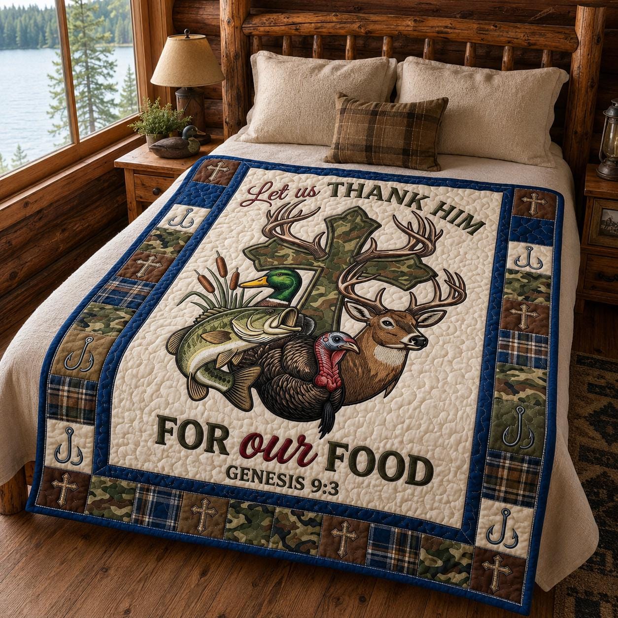 Christian Hunting Quilt Blanket, Let Us Thank Him Throw, 2D Printed Outdoor Faith Bedding