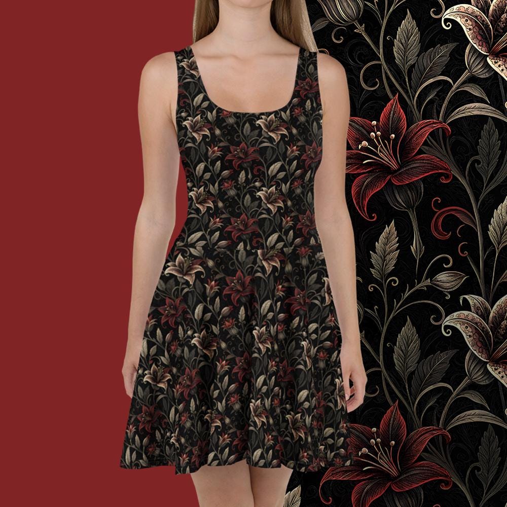 Gothic Floral Skater Dress - Floral gothic print dress