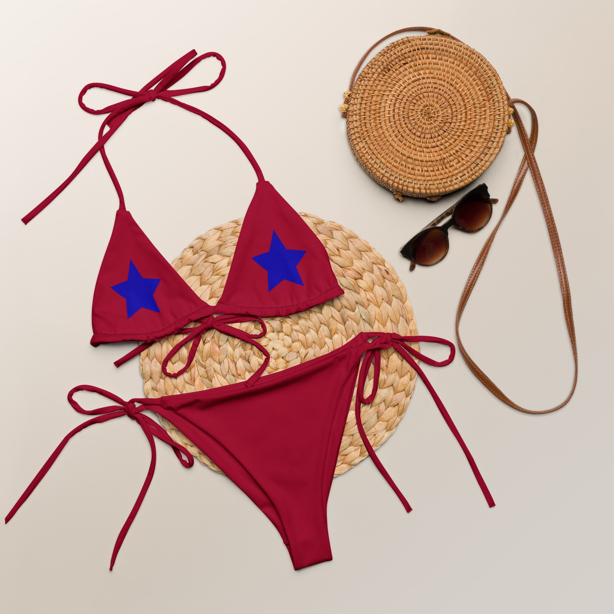 Cute Forth of July String Bikini, Flag Bikini, Star Bathingsuit, All-over print recycled string bikini