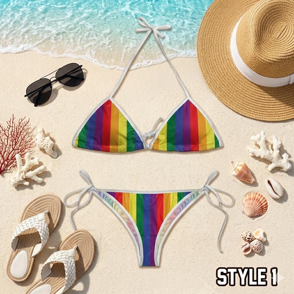 Pride Rainbow Bikini Set, LGBTQ Triangle String Swimsuit, Gay Pride Swimwear, Colorful Festival Beach Outfit, Summer Pool Party Gift