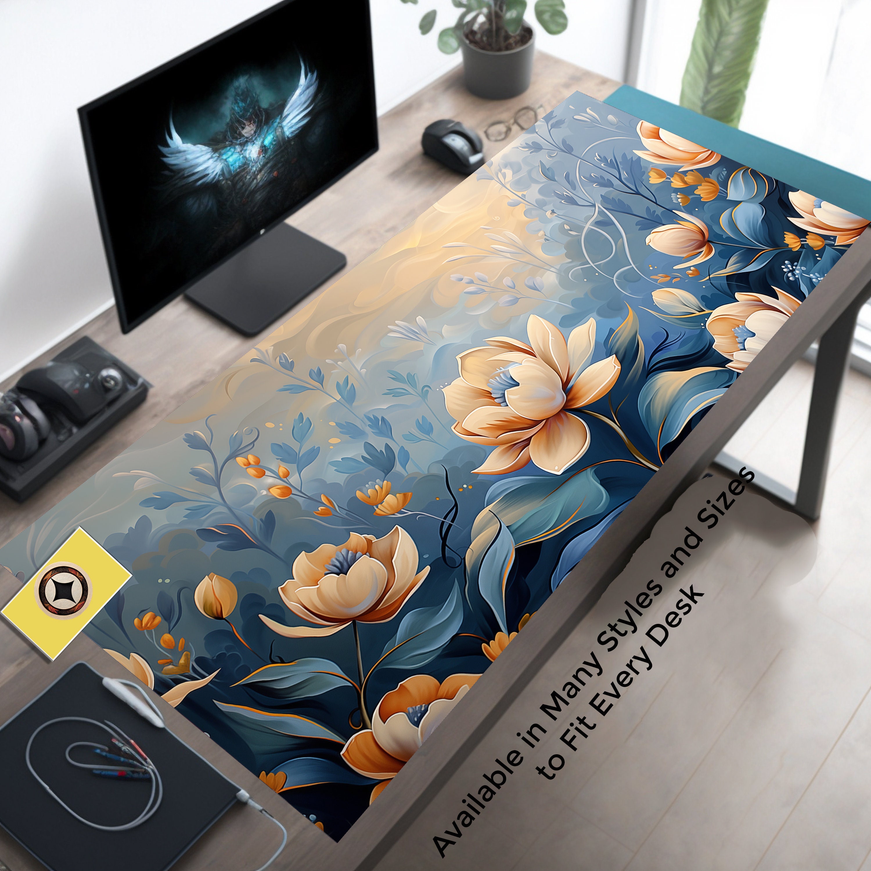 Botanical Blue Desk Mat and Mousepad for Home and Office