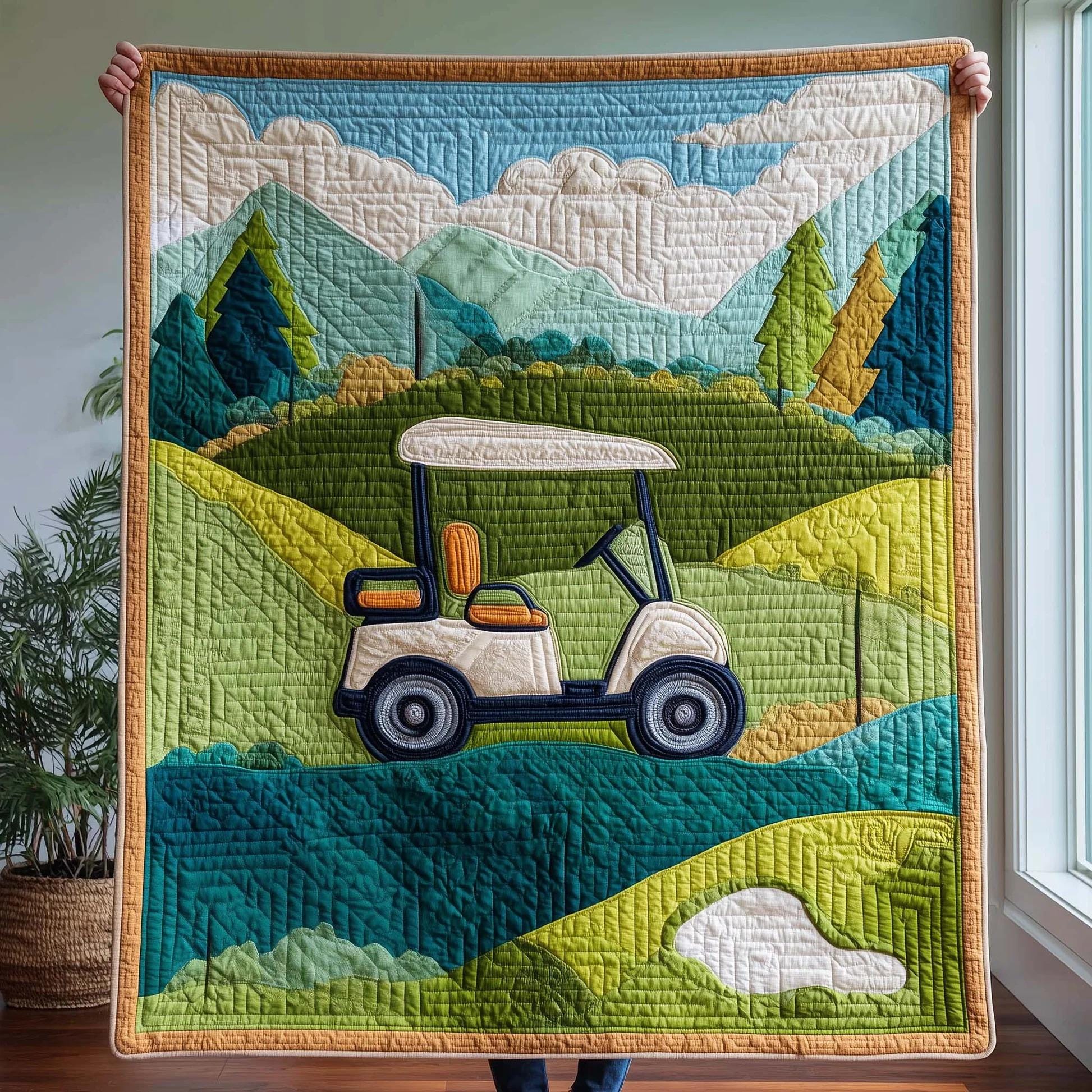 Golf Cart Landscape Quilt Blanket for Home & Living, Scenic Golf Course Art, Golf Lover Decor, Green Hills Printed Quilt