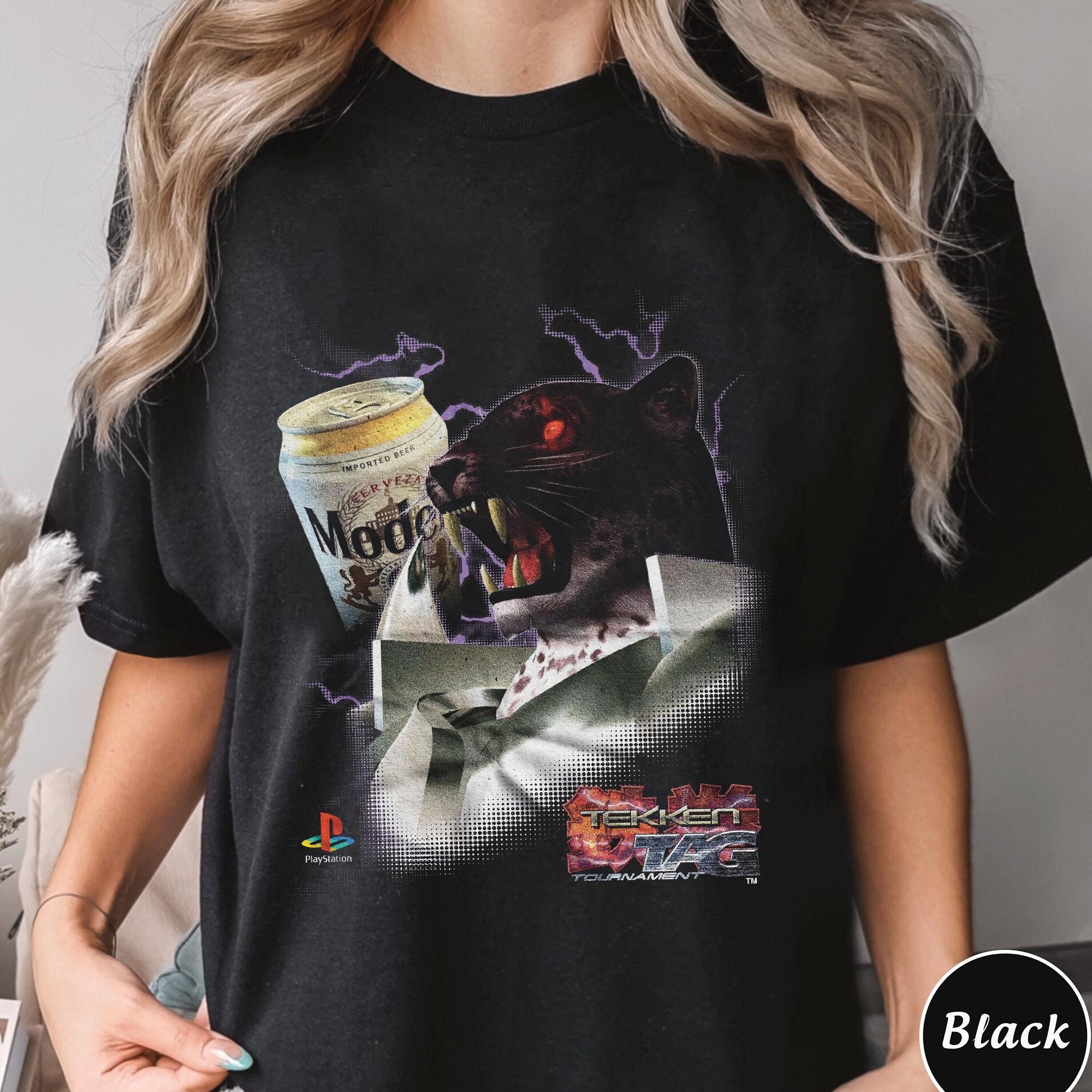 Tekken Tag Tournament Retro Shirt Panther Beer Collage Tee, Vintage PlayStation Graphic T-Shirt, 90s Gaming Style Shirt, Unisex Streetwear