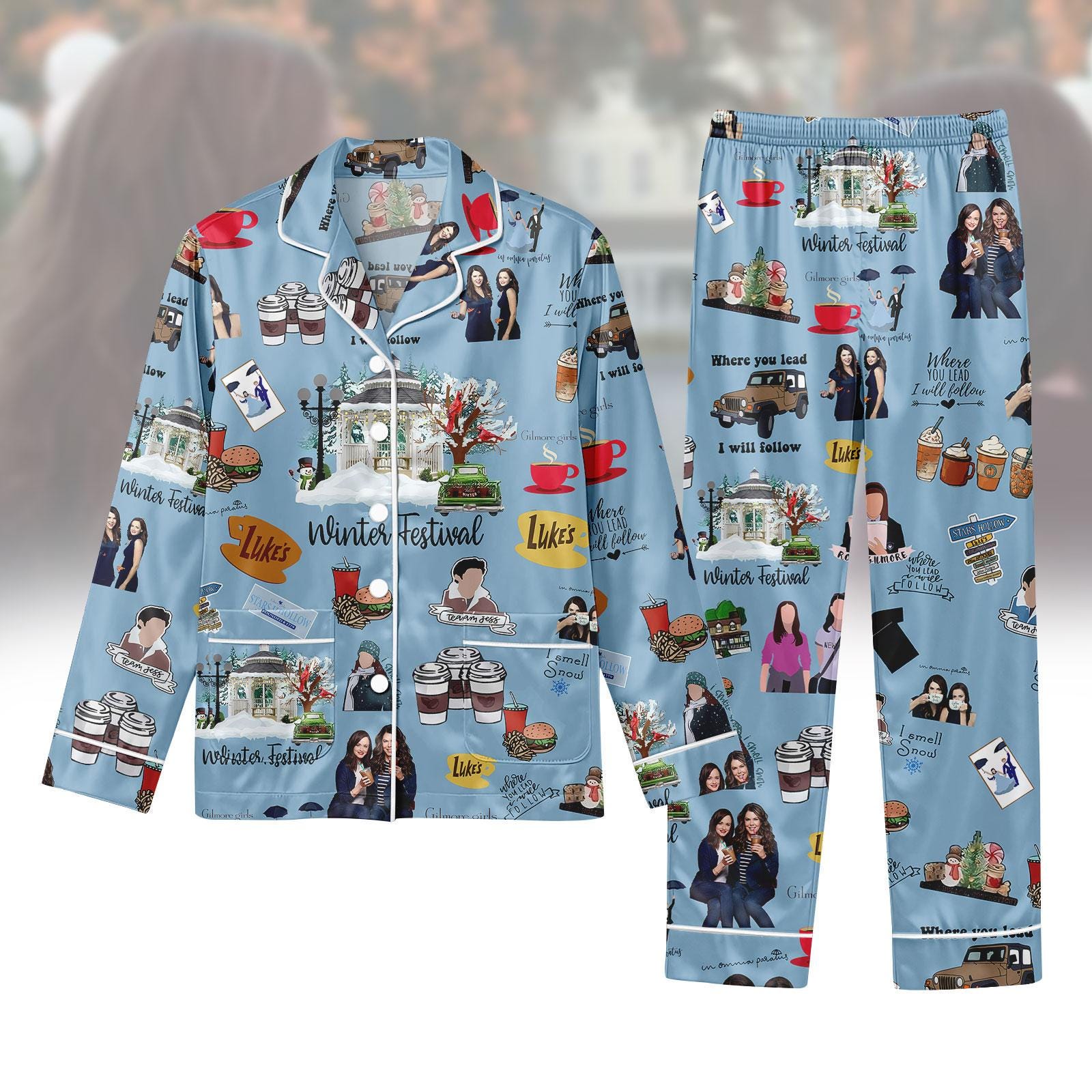 Stars Hollow Winter Town Pajamas Set, Cozy Christmas Village Pjs Set, Gilmore Girl Tv Show Sleepwear, Christmas Festival Loungewear