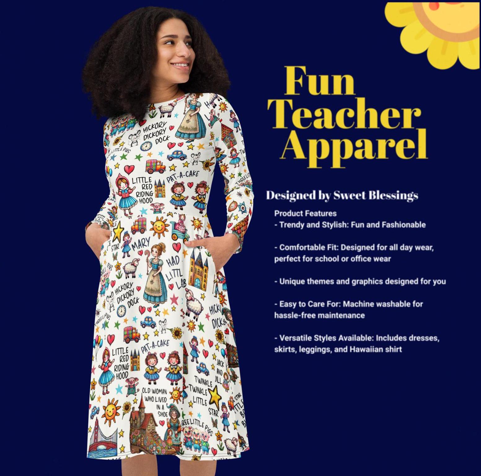 Nursery Rhyme Teacher Dress - Mother Goose-Inspired Dress for Preschool Kindergarten Elementary Teachers - Long Sleeve Midi Dress