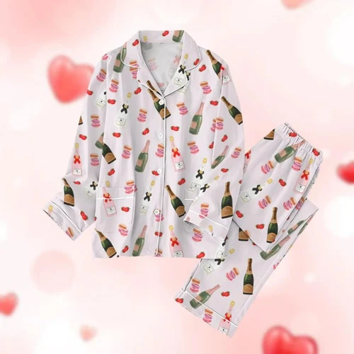 Valentine Champagne Wine Pajamas Set, Luxury Silk Pajamas Soft Sleepwear For