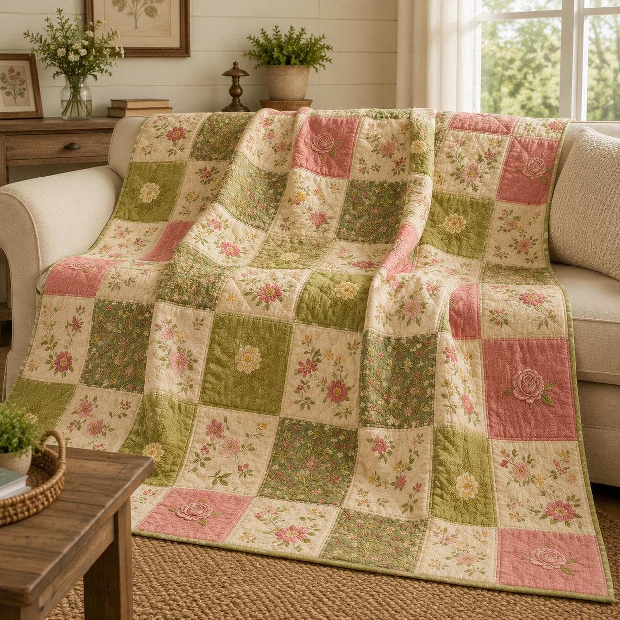 Vintage Floral Patchwork Quilt, Cottagecore Botanical Bedspread, Farmhouse Shabby Chic Bedroom Coverlet, Garden Style Bedding