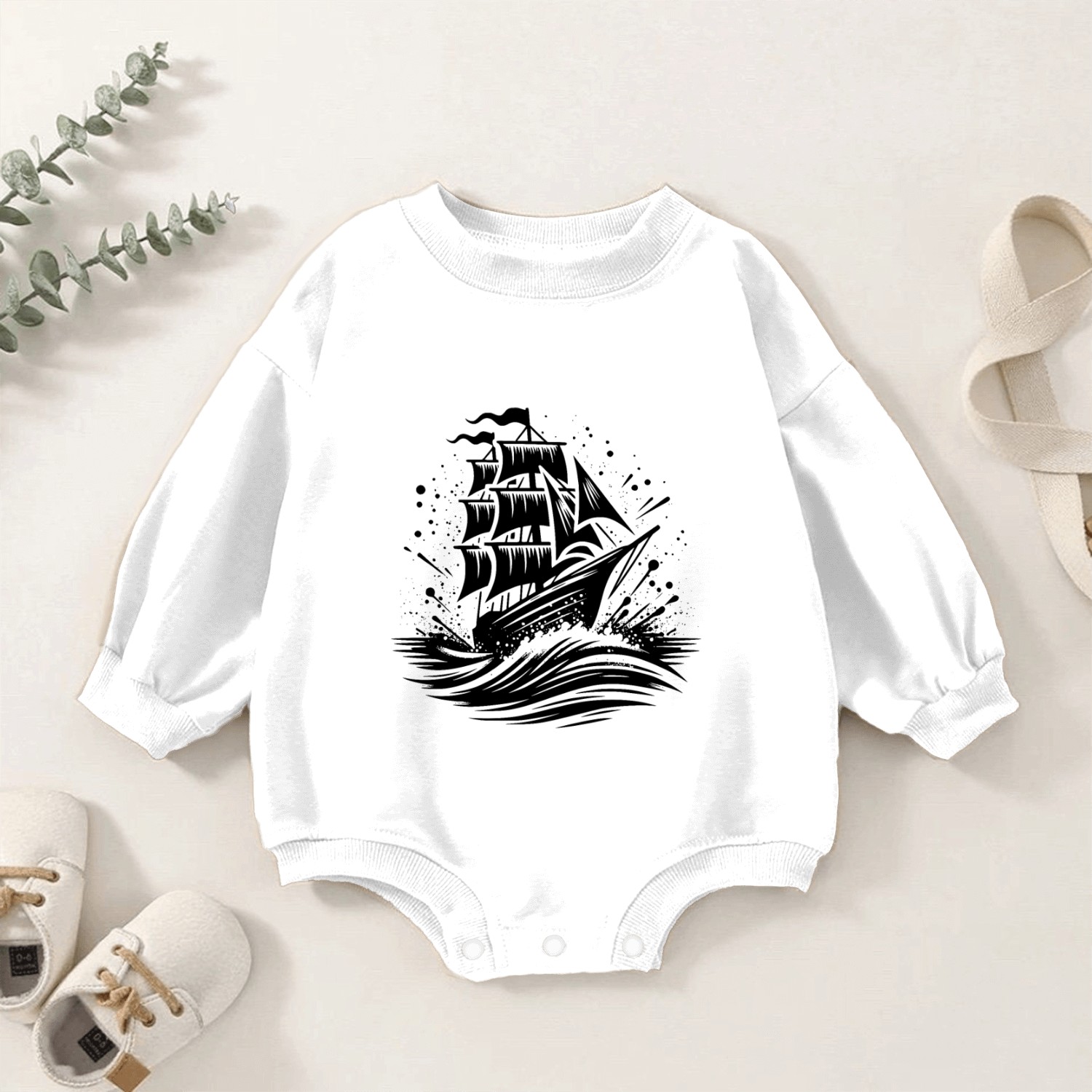 Old Sailing Ship In Heavy Seas With Waves Baby Romper Sweatshirts