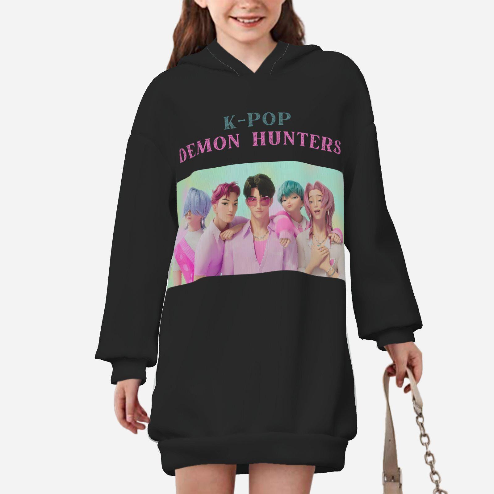 KPop Demon Hunter Hoodie Dress for Girls All-Over Print Long Hoodie, Korean Streetwear, Anime Kawaii Outfit, 200 GSM Soft Fabric