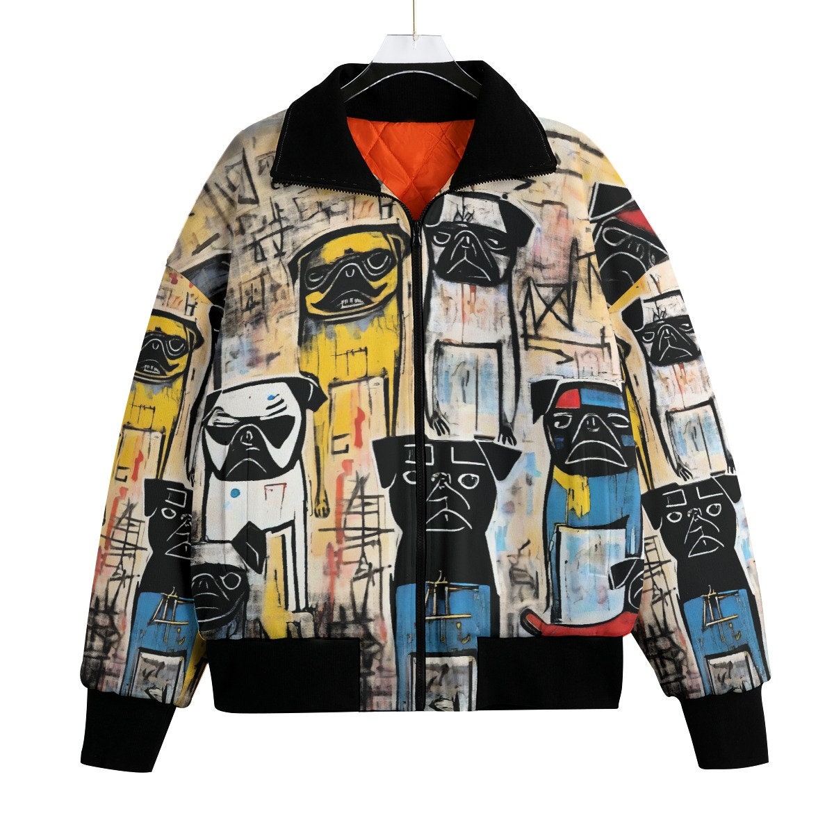 Pug Crude Art Dog Bomber Jacket ,Custom Dog Coat,Graffiti Street Art, Pop, Festival Gift Unisex Streetwear Knitted Fleece Lapel Outerwear