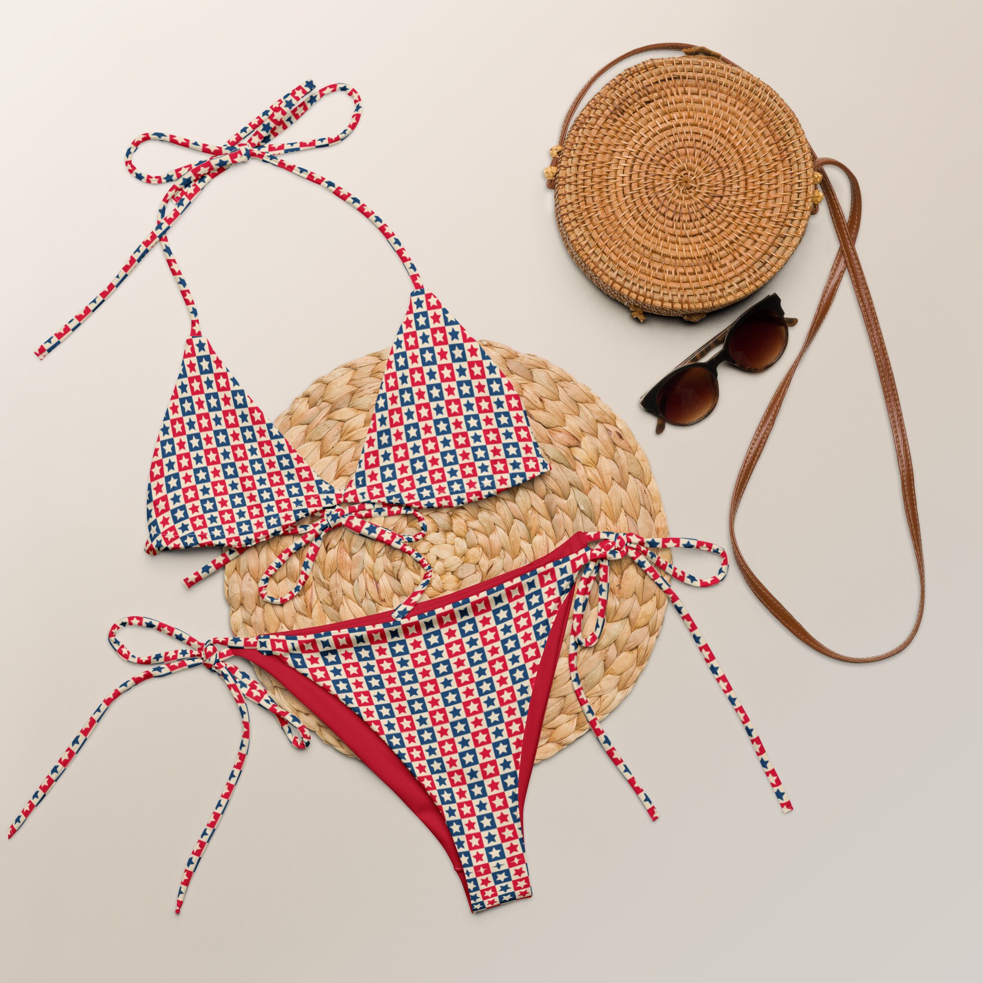 Retro Square Red White & Blue Stars USA Fourth of July Recycled String Bikini / Festival Wear
