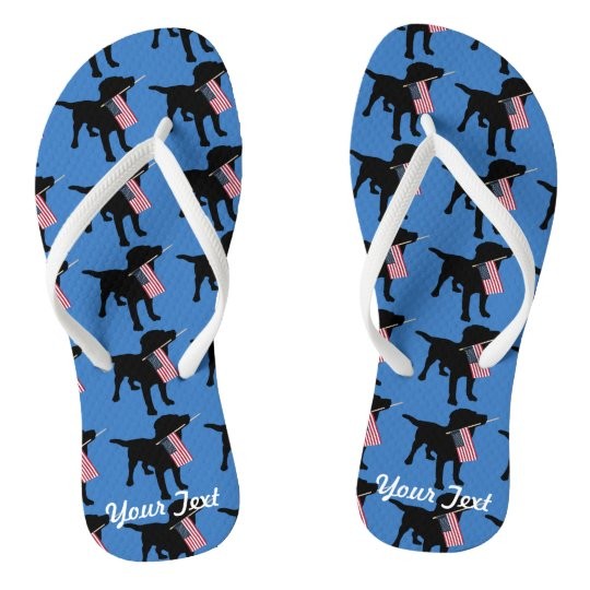 Black Lab Dog holding USA Flag, 4th of July custom Flip Flops