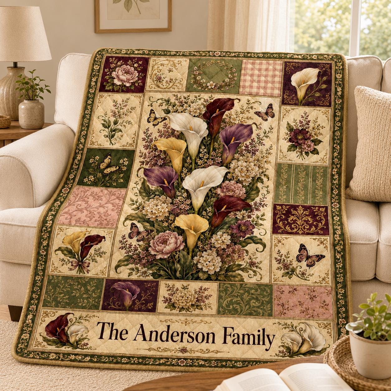 Personalized Floral Calla Lily Quilt Blanket, Custom Family Name Vintage Botanical Butterfly Garden Throw