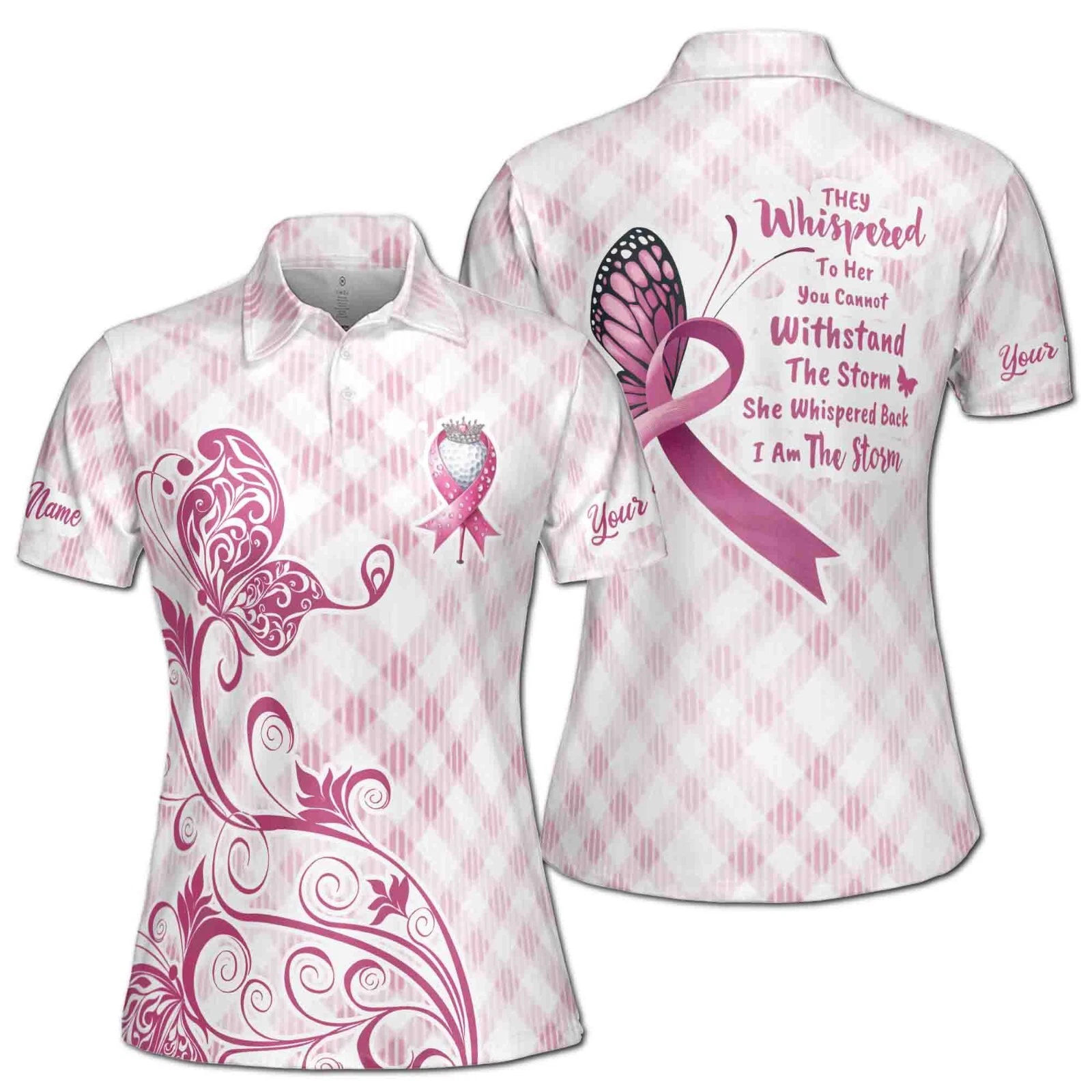 Women's Polo Shirt Custom Name Breast Cancer Month She Is The Storm