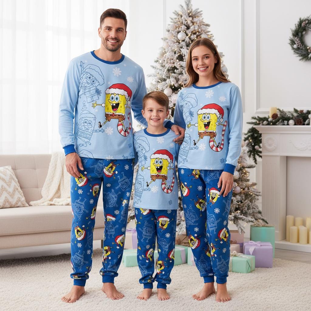 Sponge Family Pajamas Set, Cartoon Long Pajamas, Bob Long Tee & Pants PJs, Family Matching Pajamas Set, Kids Pajama, Xmas Family Gift