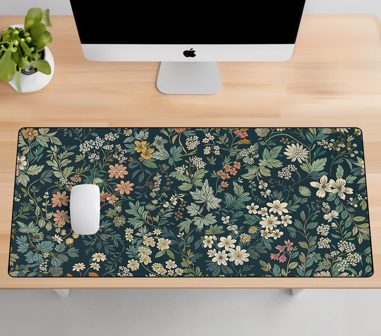 Botanical Night Garden Desk Mat - Floral Gaming Mouse Pad, Large Keyboard Mat for Work