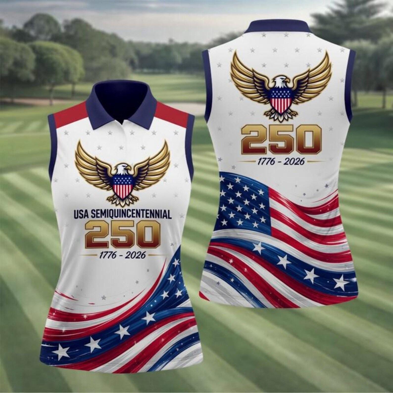 Women’s Sleeveless Polo Shirt - USA 250th Anniversary, American Flag Splatter Design