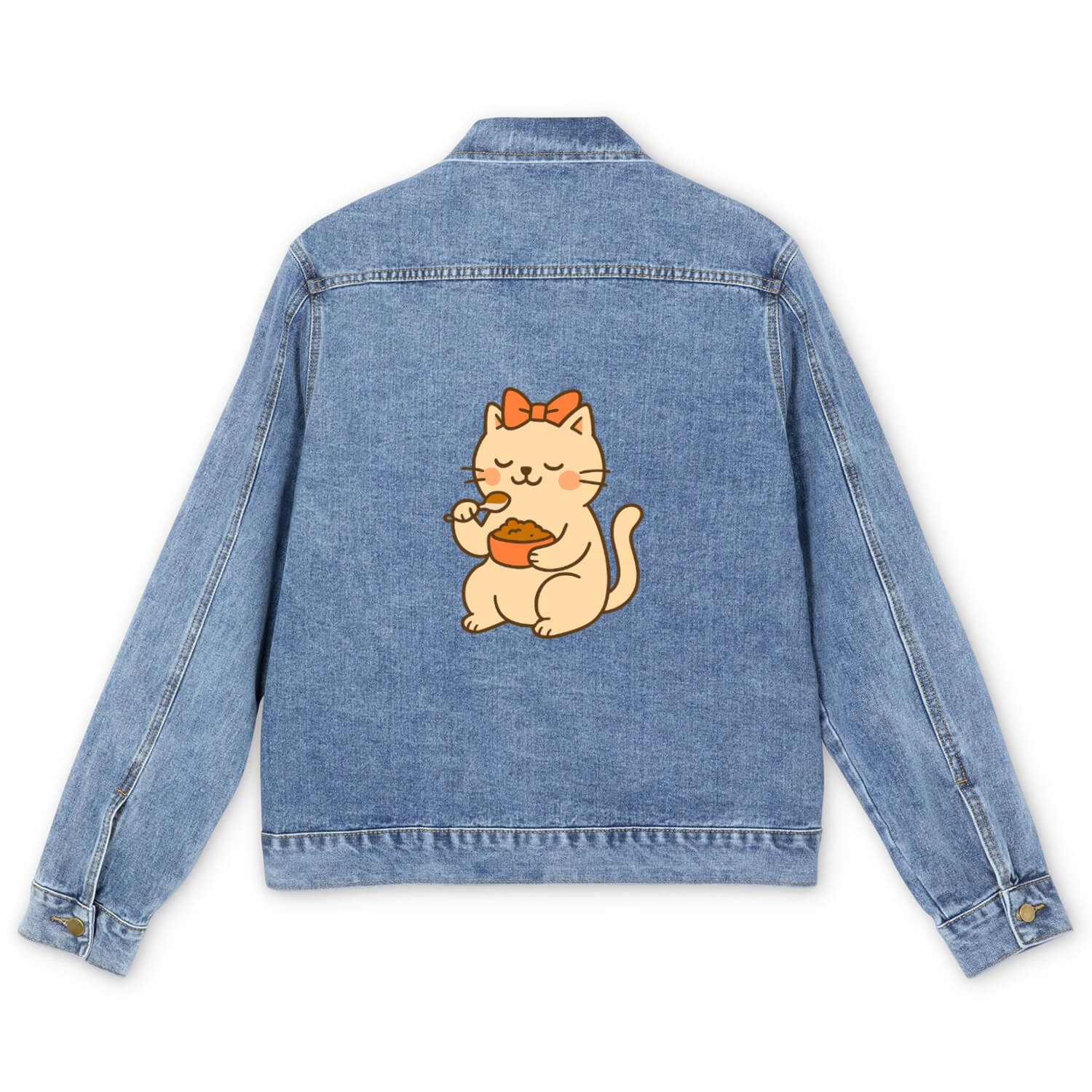 Cute Cat with Bow Eating SoupCute Kawaii Cat Eatin Men's Denim Jackets