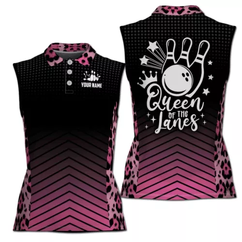 Custom Name Pink Leopard Queen Of The Lanes Bowling Women Sleeveless Polo