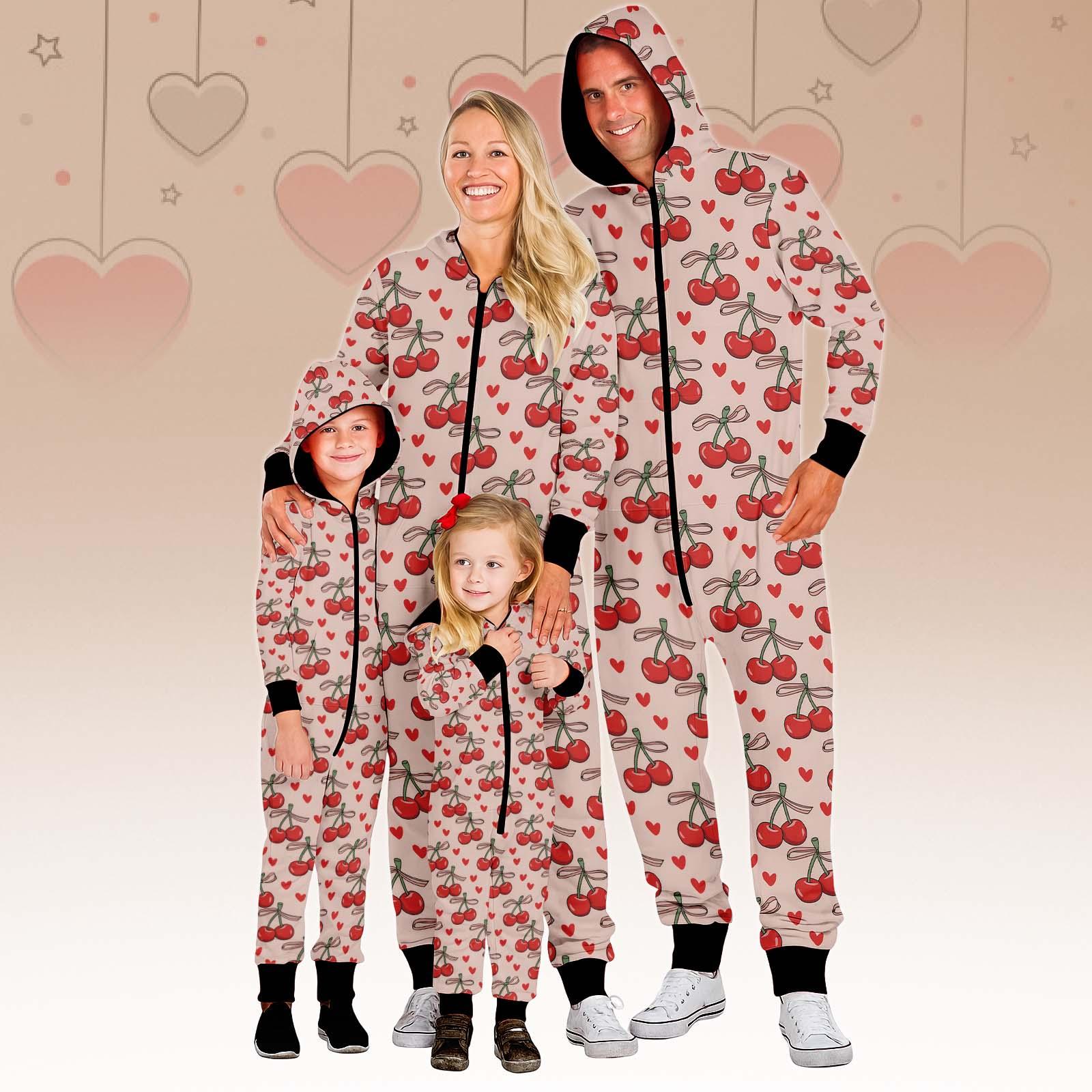 Cherry Family Jumpsuit, Heart Onesie Pajamas, Patterned Fleece Jumpsuit, Cherry One-piece Pajamas, Pajamas For Family
