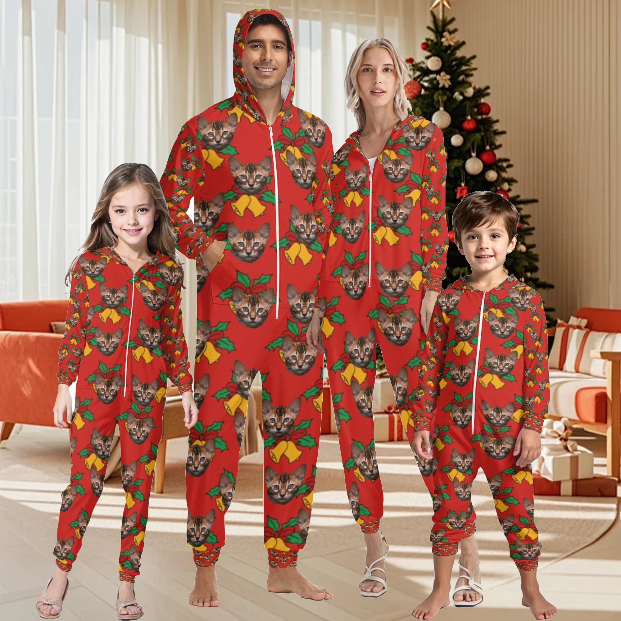 Custom Family Photo Hooded Pajamas,Personalized Pet Photo One-Piece Kids Adult,Family Photo Pajamas Christmas Gifts