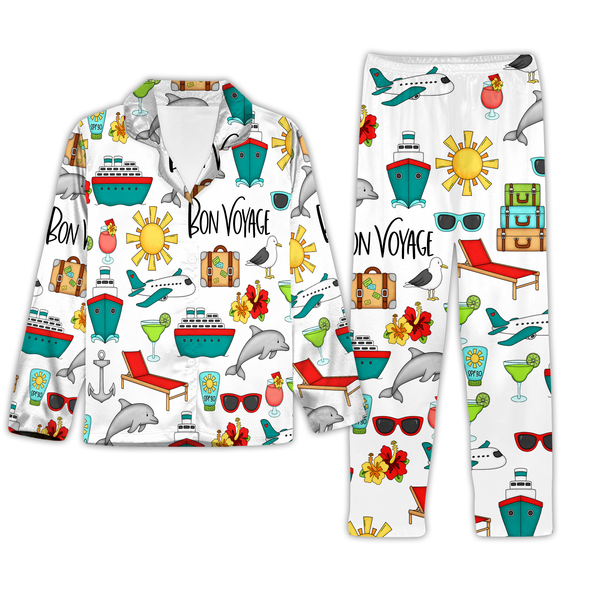 Bon Voyage Cruise Pajama Set For Women | Tropical Travel Sleepwear | Lightweight Summer PJs | Cute Vacation Gift