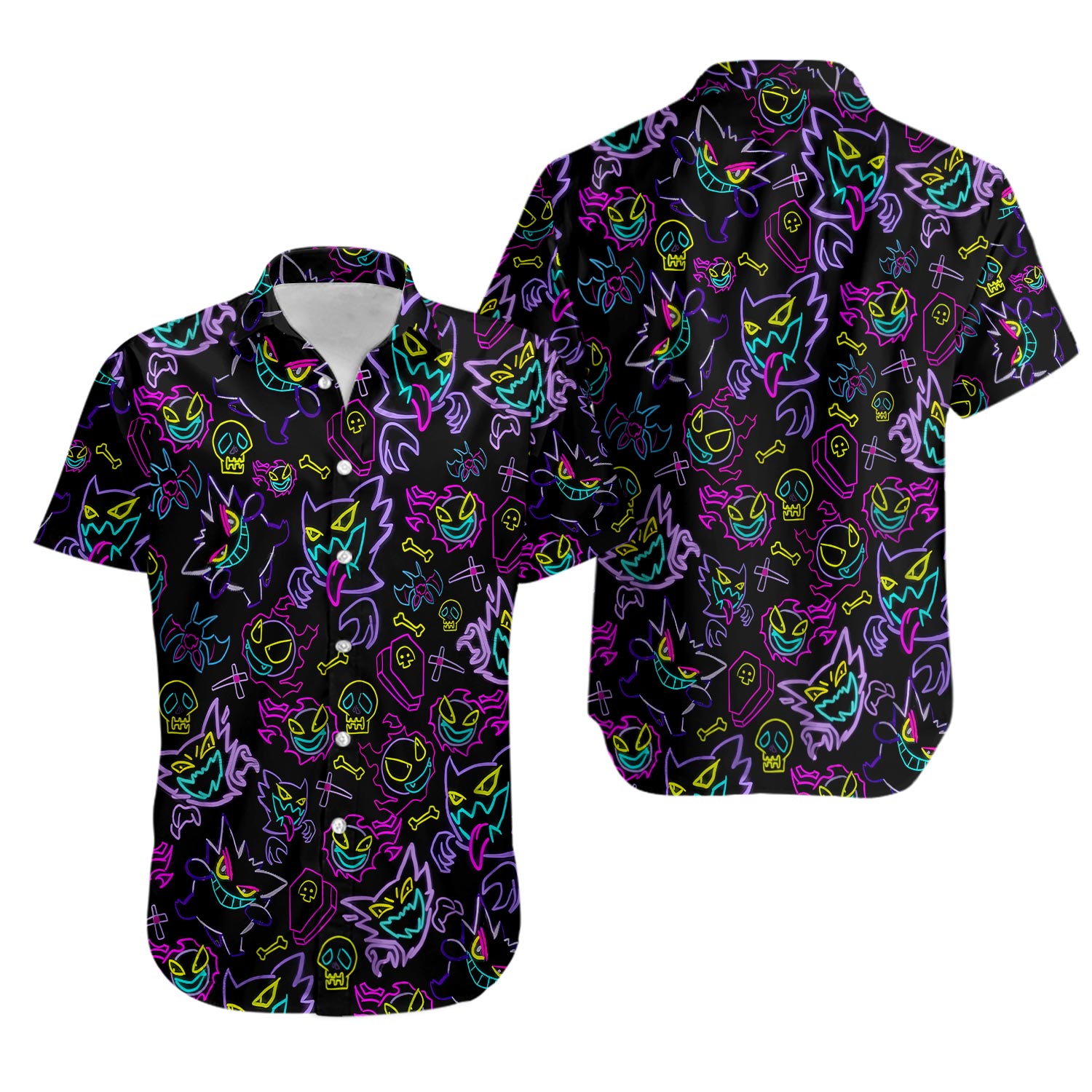 Gengar Hawaiian Shirt Tropical Button Up Shirt Summer Hawaiian Short Unisex Hawaii Set Neon Gengar Shirt Gifts