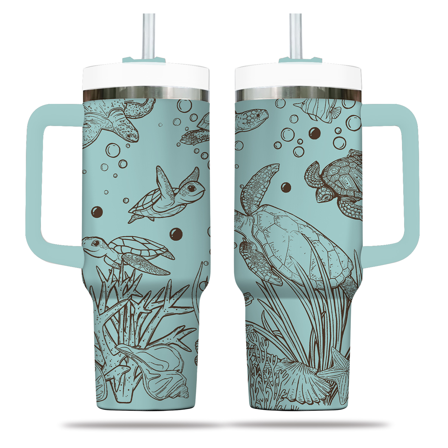 Sea Turtles Laser Engraved 40oz Tumbler with Handle Lid and Straw, Engraved Seamless Tumbler, Double Wall Insulated Cup Gift