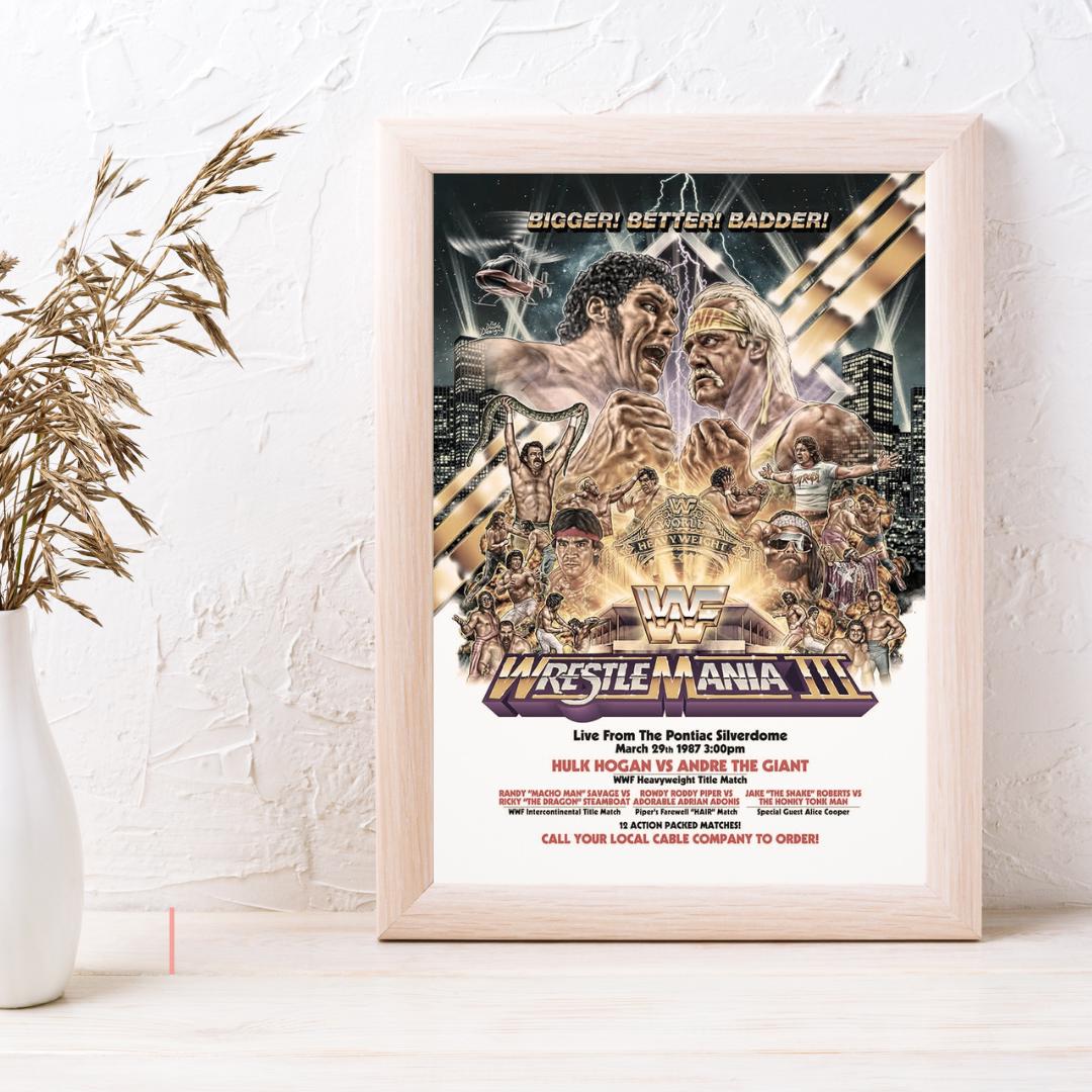 WrestleMania III Poster | Wrestling Wall Art | Hulk Hogan, Andre the Giant, British Bulldogs, Randy Savage | Premium Matte Vertical Poster | A4 & A3