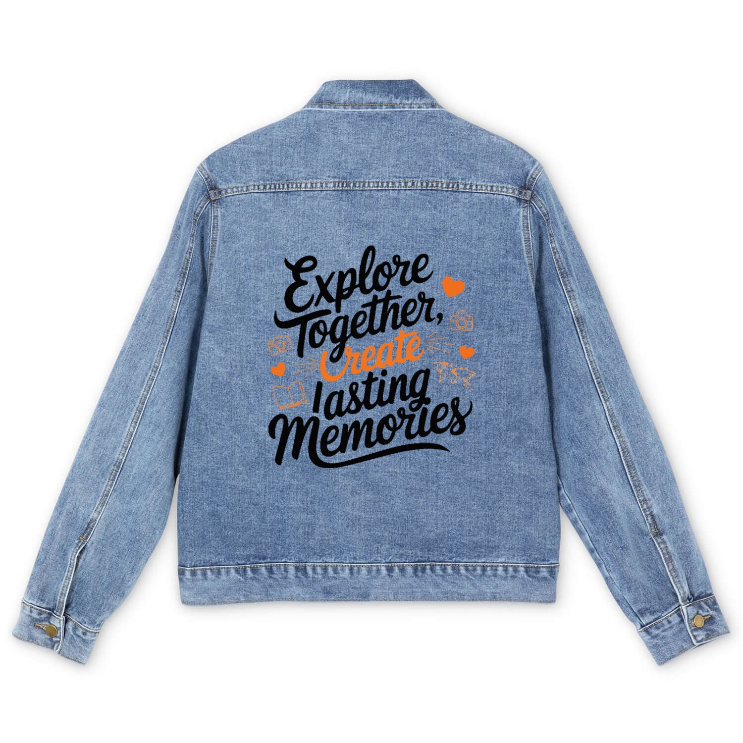 Explore Together adevnture travel quote text art Men's Denim Jackets