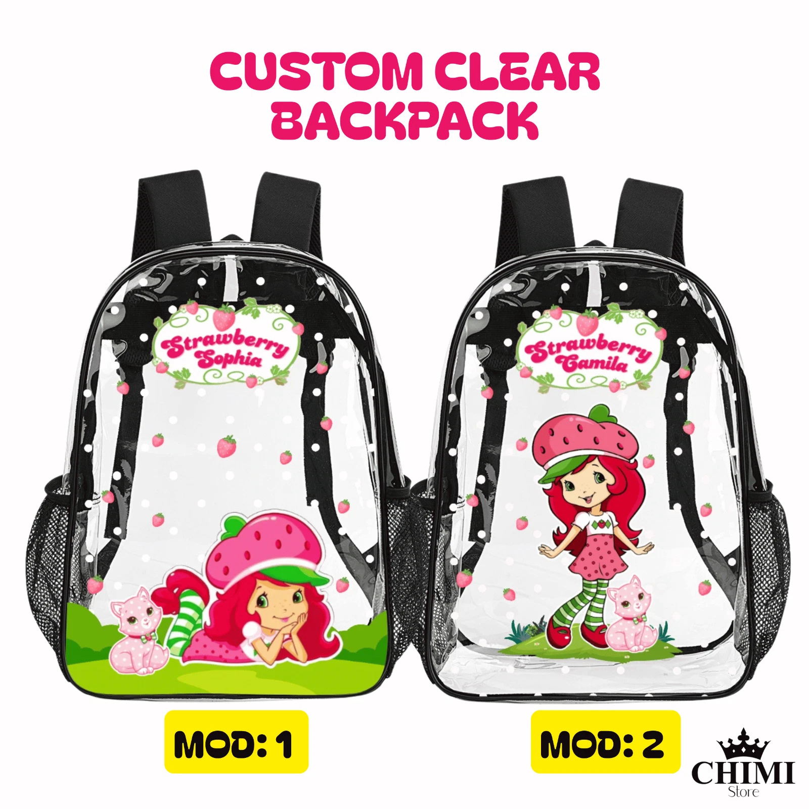 Custom Clear Backpack Strawberry Shortcake with Name β Kids School Bag