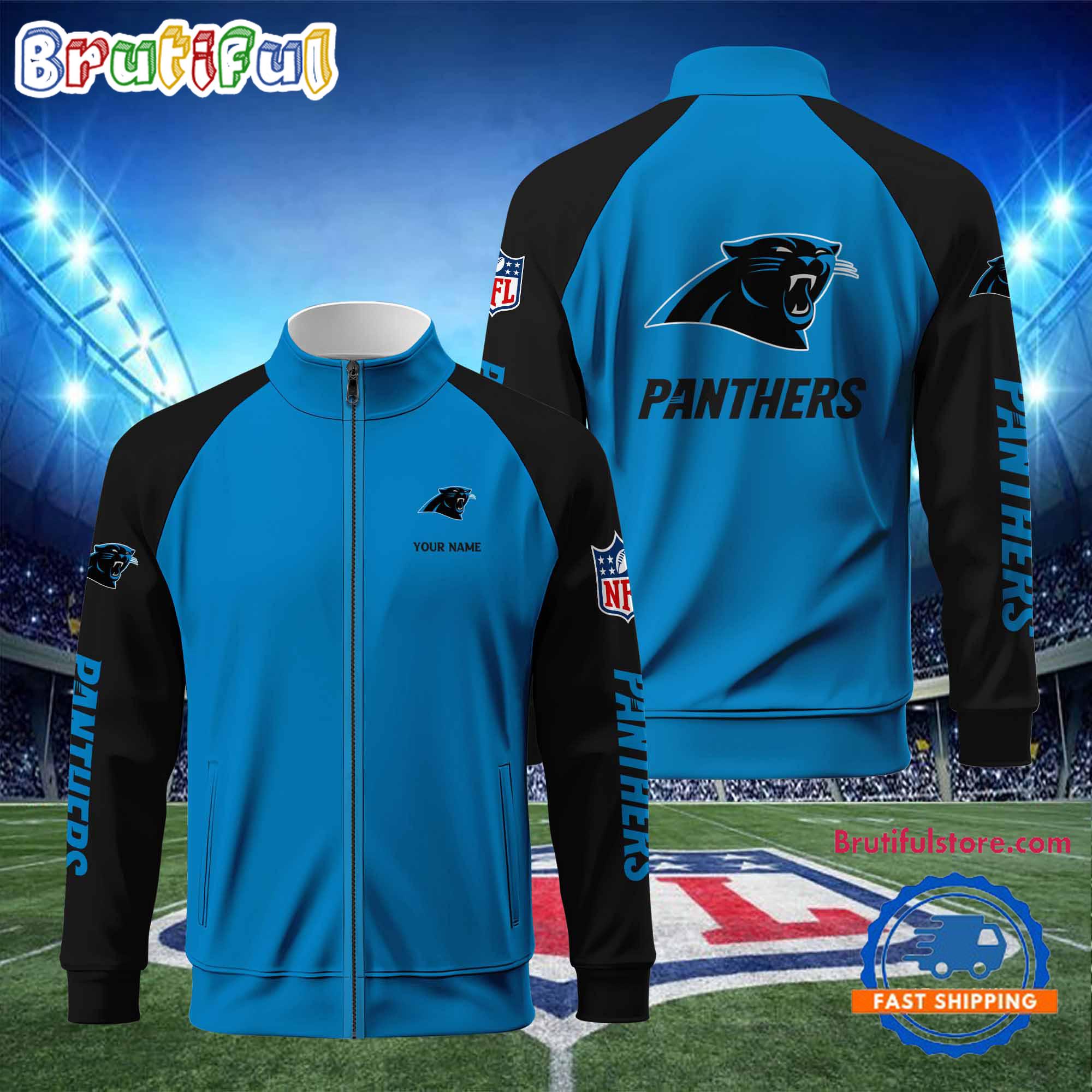 Carolina Panthers Football Team Custom Name Standing Neck Zipper Jacket