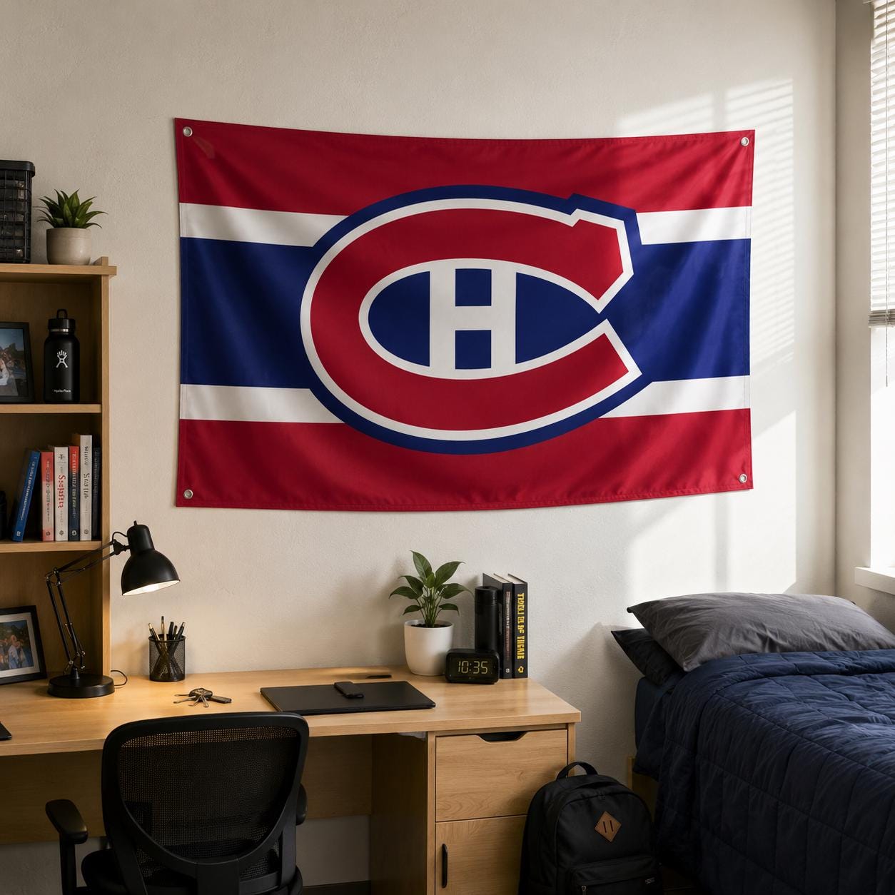 Montreal Hockey Flag | Canadiens Playoff Flag | Red Blue Hockey Tapestry | Canada Sports Decor Dorm Frat Room