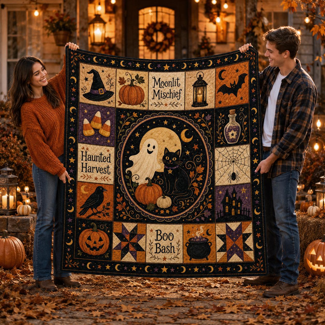 Halloween Quilt Blanket with Pumpkin Patchwork Decor for Autumn Spooky Season